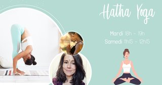 Peut être une image de 3 personnes et texte qui dit ’Hatha Voga Mardi 18h 18h- - 19h 19h Samedi 11h15 -12h15’