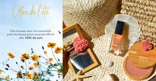 Peut être une image de ‎fleur et ‎texte qui dit ’‎Offre de l'ite Une trousse avec vos essentiels pour les beaux jours vous est offerte dès 165€ de soin ری S zao eopence noture‎’‎‎